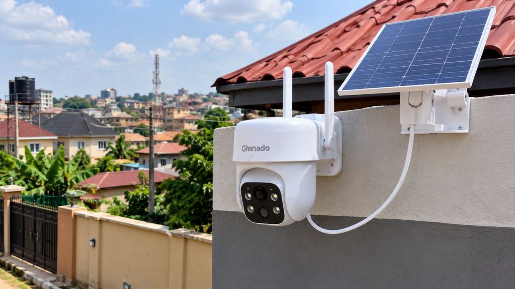 Solar-powered outdoor security camera mounted on a house, overlooking a residential neighborhood.