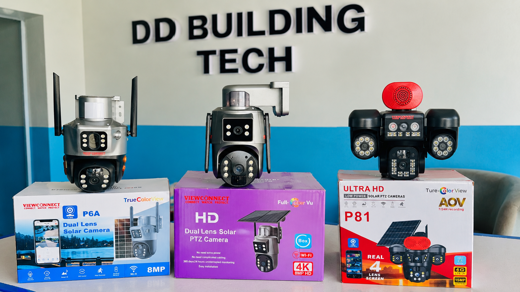 Three CCTV security cameras displayed on product boxes