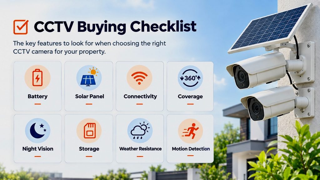 A clean buying-checklist graphic showing:
Battery → Solar Panel → Connectivity → Coverage → Night Vision → Storage → Weather Resistance → Motion Detection