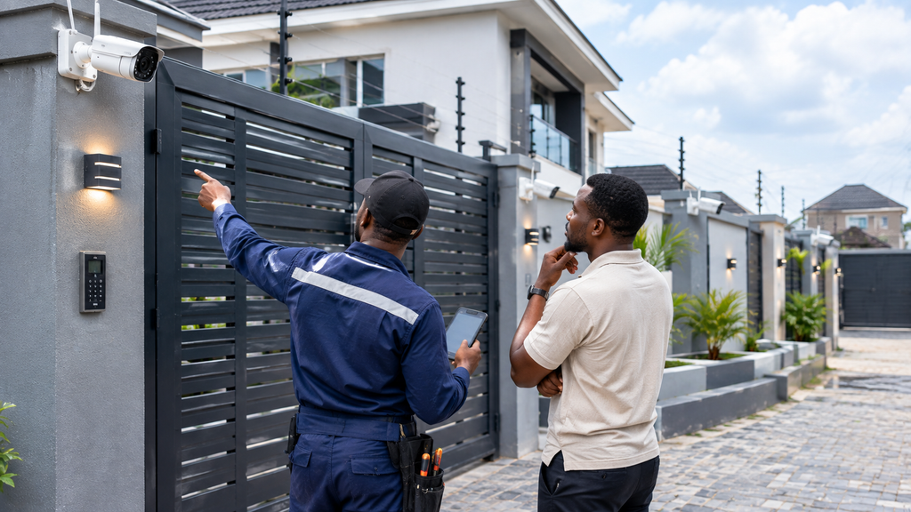 CCTV technician assessing a Nigerian property for a suitable security camera system