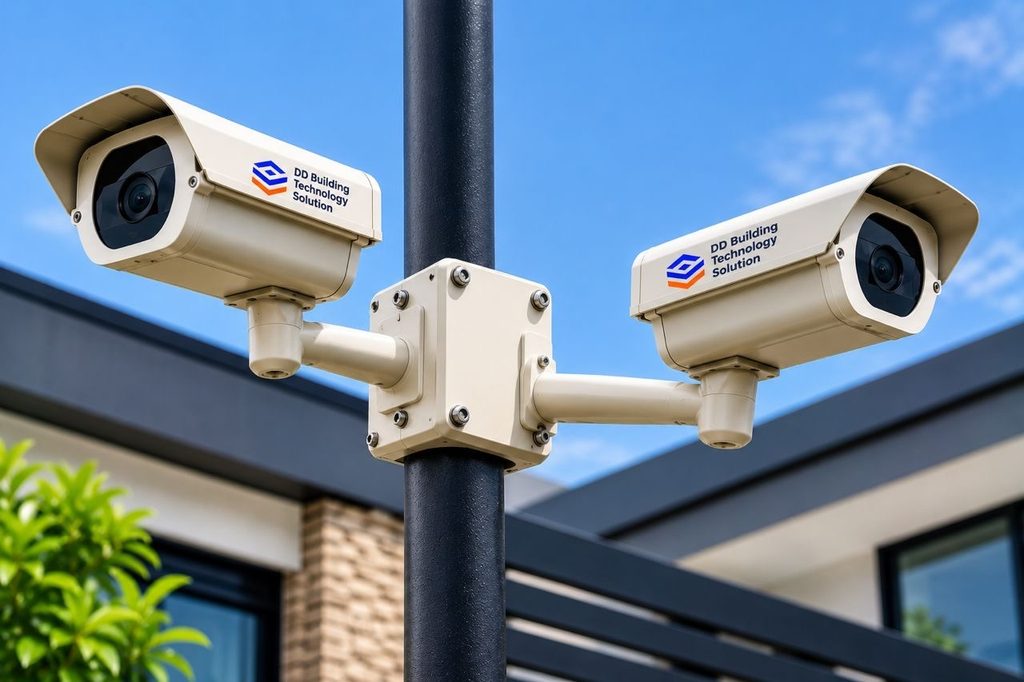 Two outdoor CCTV security cameras mounted on a pole, overlooking a modern building under a clear blue sky.