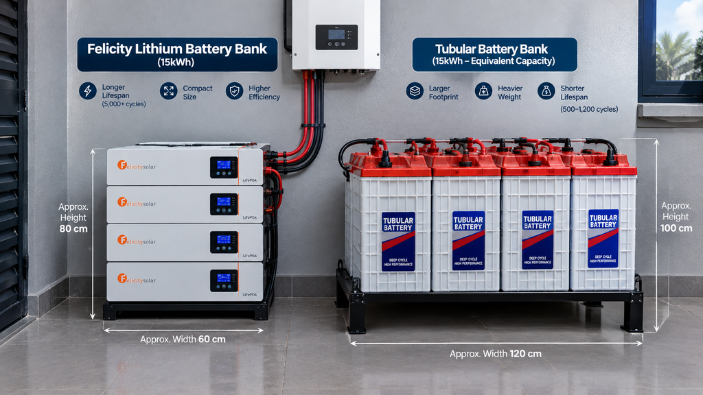 A Felicity lithium battery bank installed alongside a tubular battery option, showing the physical size difference for similar capacity.