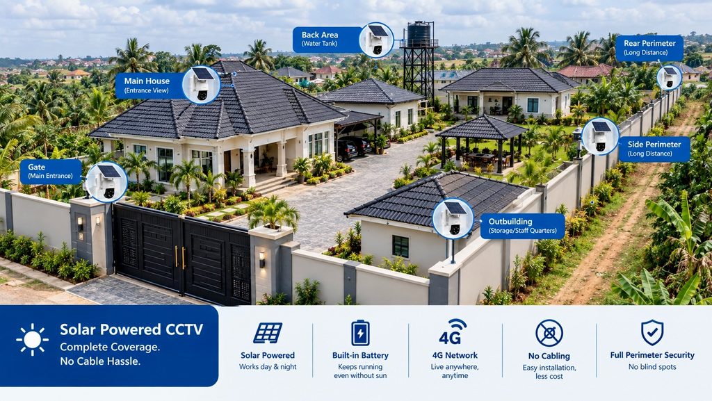 A large Nigerian compound with a long perimeter, gate and several areas that would be difficult to cable, with solar cameras strategically installed.