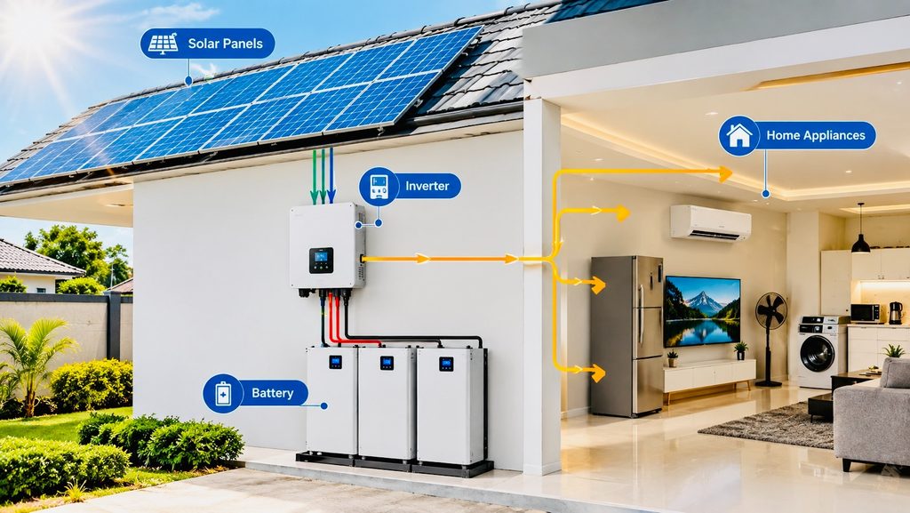 Solar installation components including panels inverter battery and home appliances