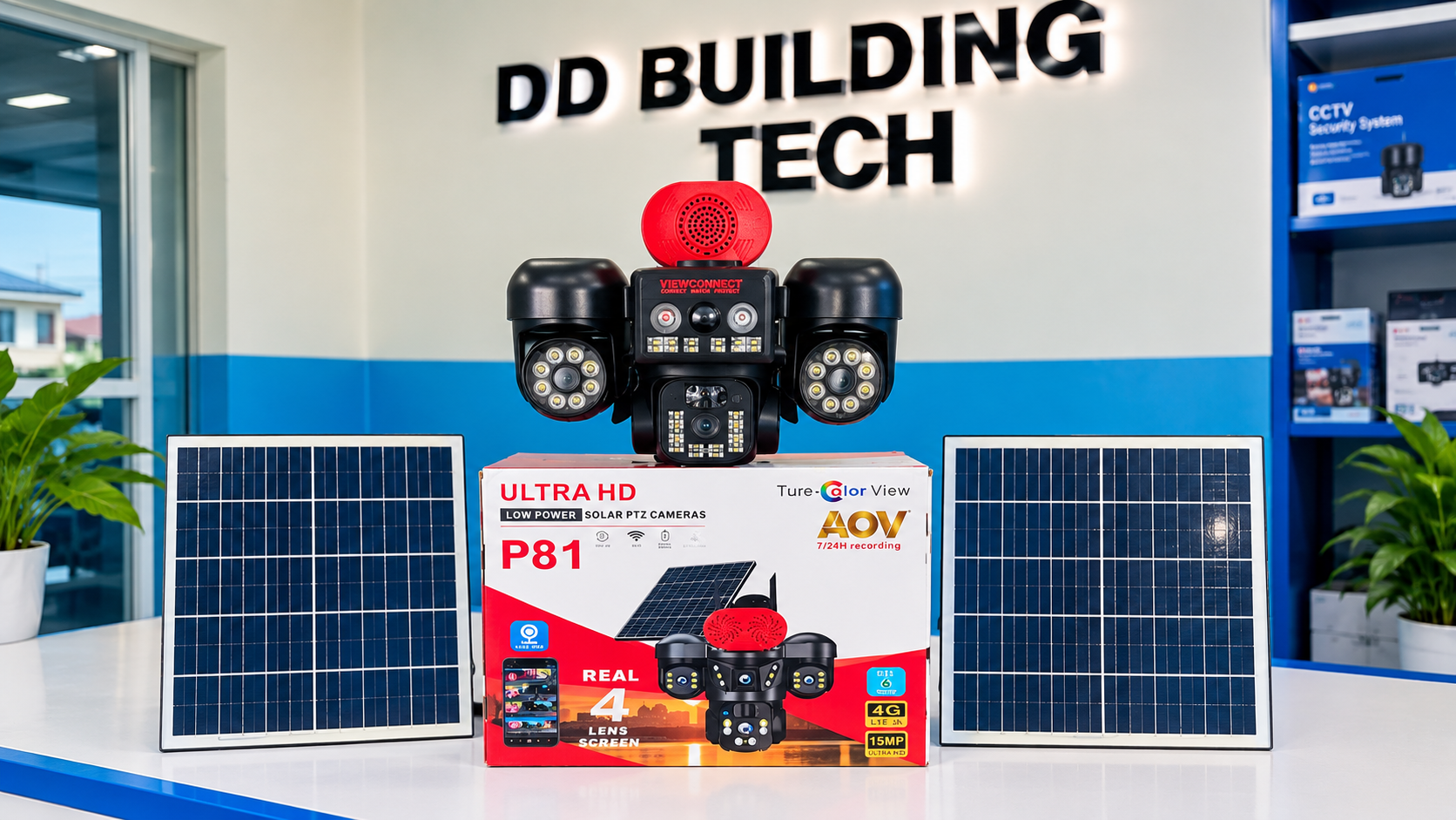 Four Lens Solar Camera displayed on product boxes