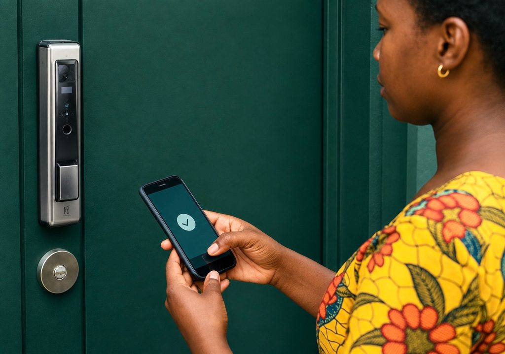 Smart fingerprint and PIN door lock installed on a Nigerian home entrance