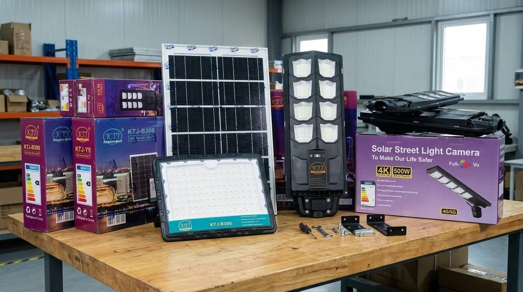 Solar security lights displayed on a wooden table 