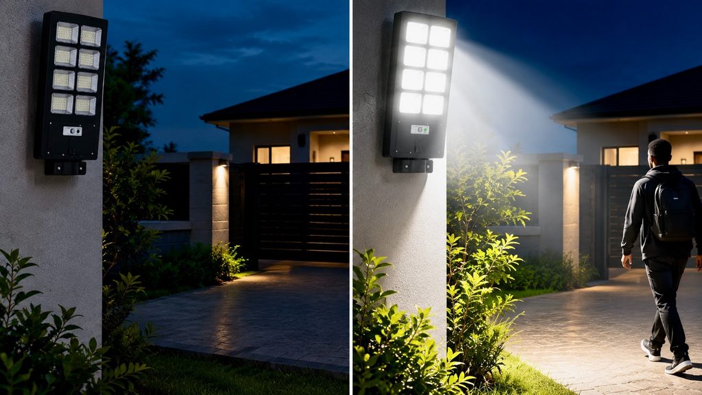 Motion-activated solar security light illuminating a home entrance at night