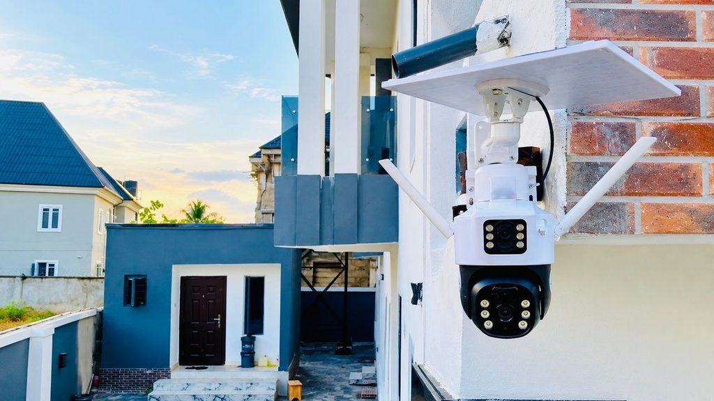 Wireless Wi-Fi security camera monitoring the entrance of a Nigerian home