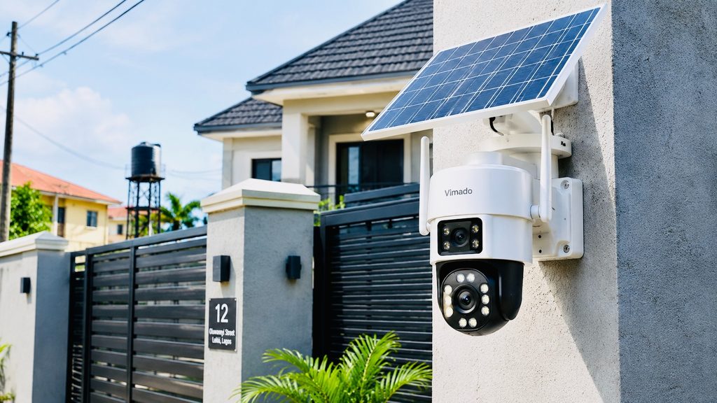 A solar security camera installed on a wall outside a Nigerian property, with the solar panel clearly visible above the camera.