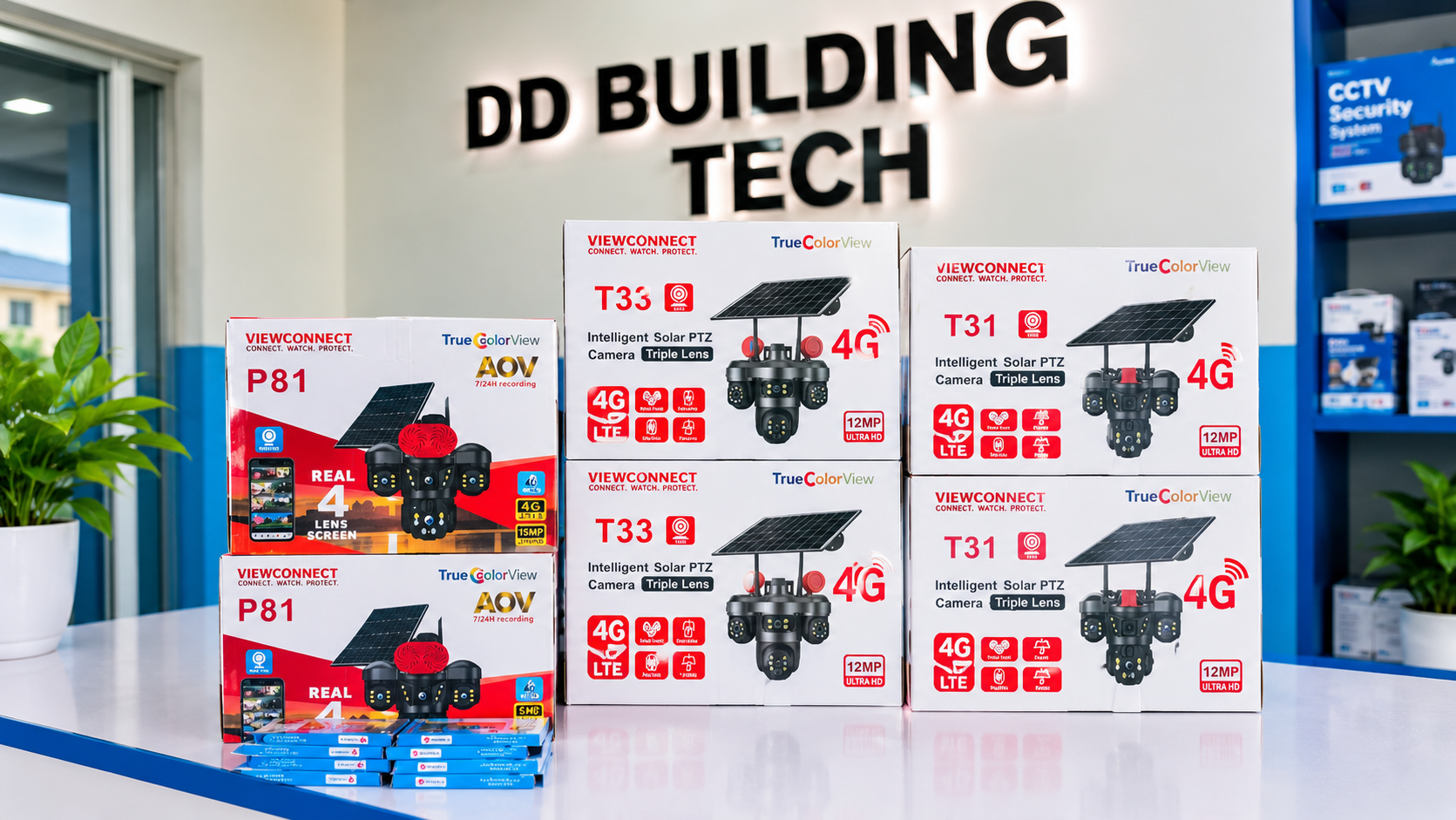 ViewConnect 4G solar security camera boxes featuring P81, T33, and T31 models.