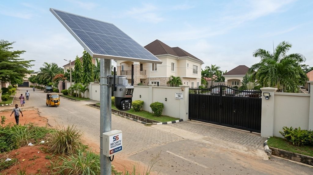 Solar-powered wireless security camera installed near a Nigerian property gate