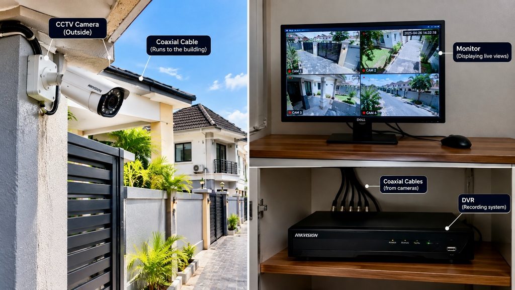 Analog CCTV camera system connected to a DVR for property surveillance