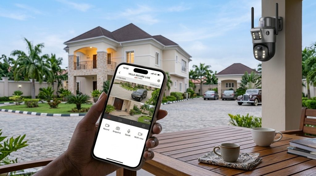 Smartphone displaying live footage from a wireless home security camera