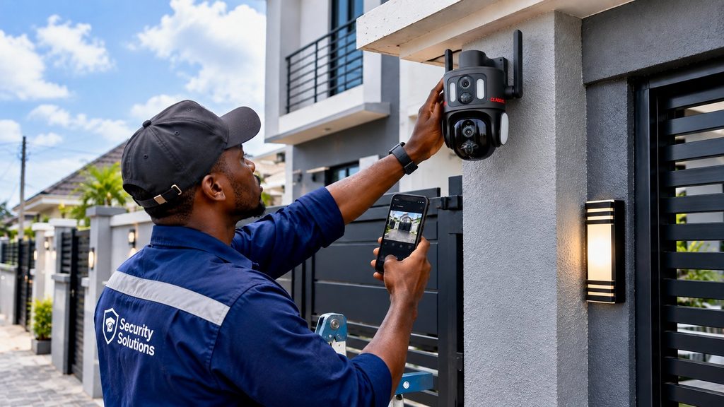 Technician installing a wireless security camera outside a Nigerian home