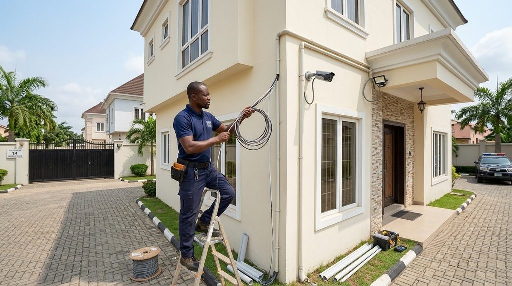 Technician routing cables during an analog CCTV camera installation