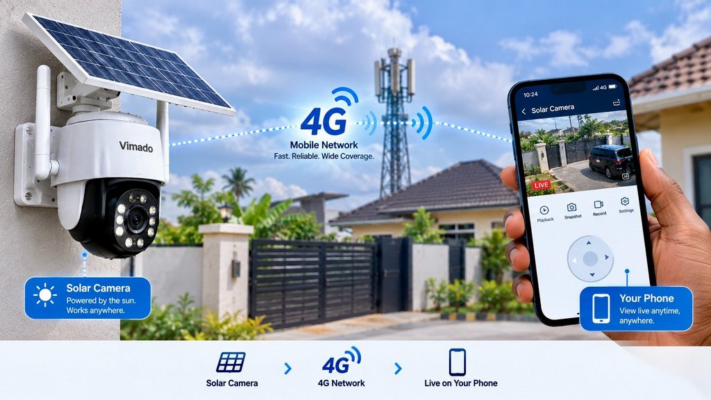 A 4G solar CCTV camera with a SIM/mobile-network concept represented subtly, with a smartphone showing the camera feed.