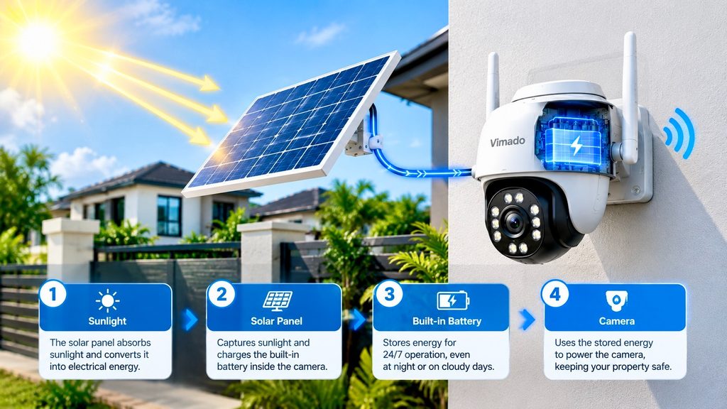 A clean realistic technical illustration
visual showing:
Sunlight → Solar Panel → Battery → Camera