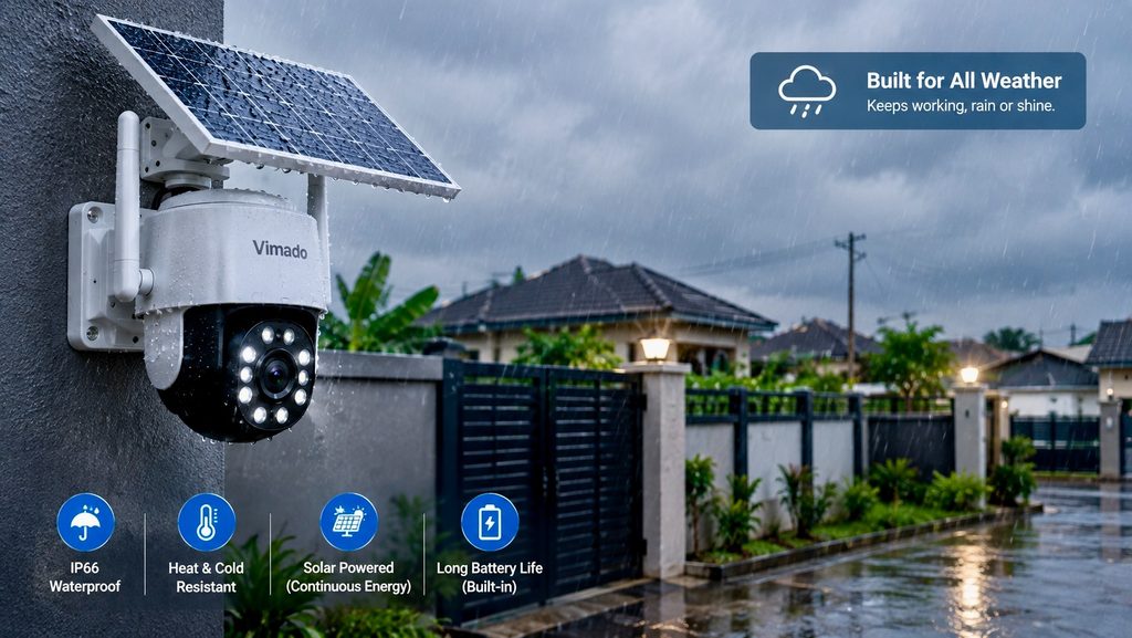 A solar CCTV camera mounted outdoors during a cloudy/rainy Nigerian weather condition, with water droplets/cloudy sky but the camera still operating.