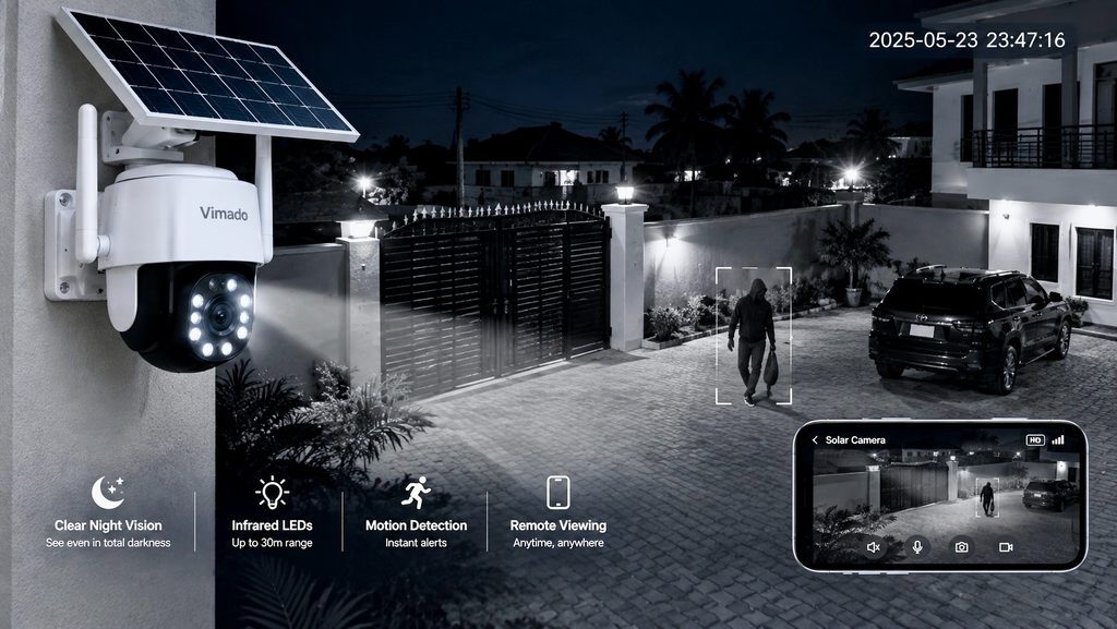 A solar camera monitoring a compound at night, with visible infrared/night-vision effect.