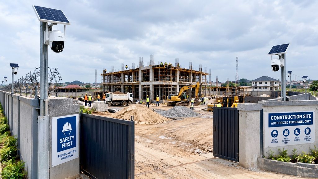A large Nigerian construction site with solar security cameras positioned around the gate/perimeter.