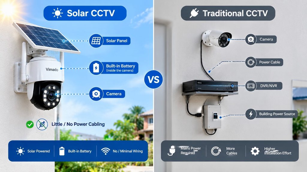 A comparison graphic showing Solar CCTV vs Traditional CCTV