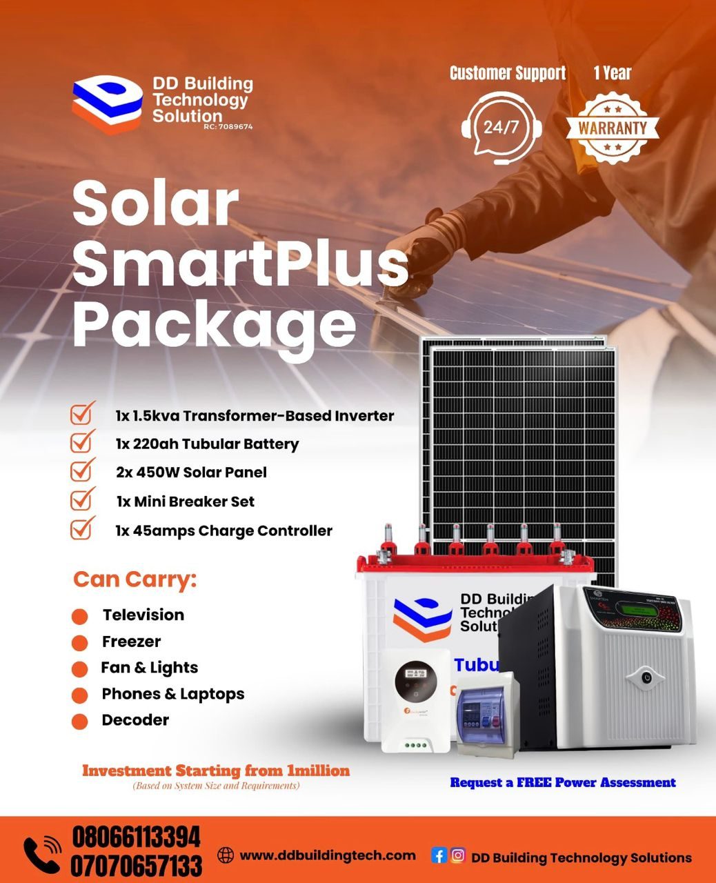 1.5kva Solar Inverter Package with 1 Battery & 2 Solar Panels