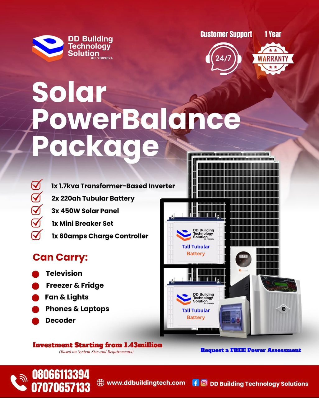 1.7kva Solar Inverter Package with 2 Batteries & 3 Solar Panels